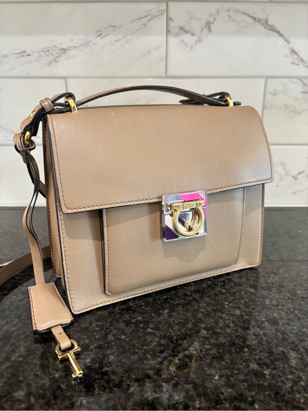 Salvatore Ferragamo Leather Top-Handle Satchel in Taupe with Gold-Tone Hardware